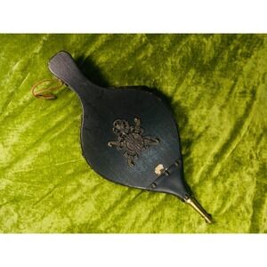 Vintage Black Wooden Leather Fireplace Bellows | Brass Tip & Heraldic Crest  19"